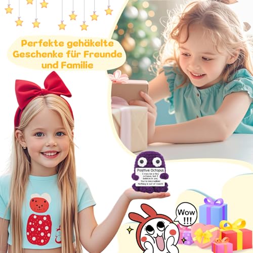 MLZTINGR Bambola di polpo positivo divertente | Carino polpo lavorato a maglia con carta ispiratrice | Animale creativo all'uncinetto per la decorazione Regalo incoraggiante