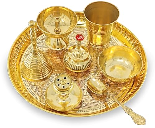 Image of BENGALEN Brass Pooja Thali Set 8 Inch Puja Thali with Pital Plate Glass Bowl Piyali Diya Dhup Dan Sindoor Dibbi Ghanti Spoon Arti Thali for Diwali Home Office Mandir Wedding Return Gift Items