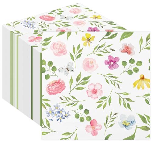 50 Pcs Floral Paper Napkins Watercolor Flower Greenery Disposable Cocktail Napkins Spring Green leaves Napkins for Baby Shower Tea Party Decorations，6.5"*6.5"