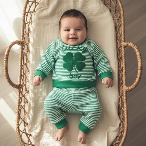Image of Toddler Baby Boy St Patricks Day Outfit Infant Lucky Clover Sweatshirt Pants Set Little Kids Spring Warm Clothes