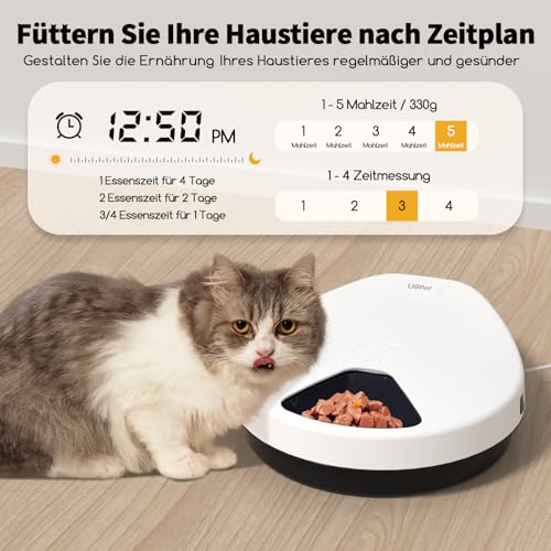 Futterautomat Katze Nassfutter mit Kühlung, Halbleiter-Kältetechnik, Timing-Funktion Katzenfutterautomat, 5 Futterfächer, Premium-Teller, waschbar, für Katzen + Hunde – Produktbild 3