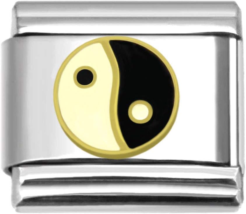 SilverAndJewelry Yin Yang Italian Charm 9 mm Stainless Steel Bracelet Link