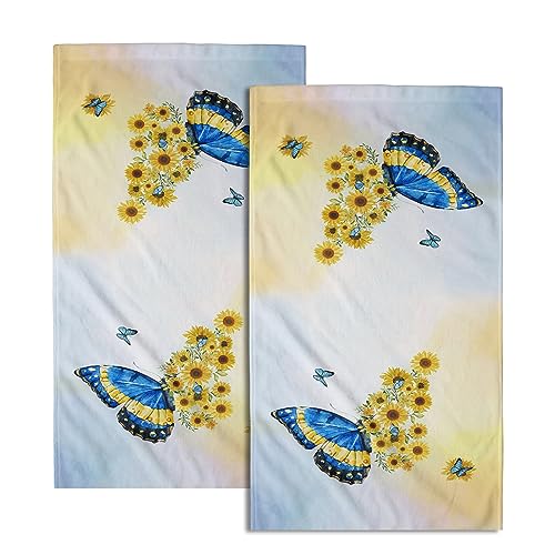 Sunflower Butterfly Hand Towel, Blue Yellow Floral Flower Towel Set of 2, Watercolor Animal Plant Larger Fingertip Towel for Bathroom Kitchen Women Gift