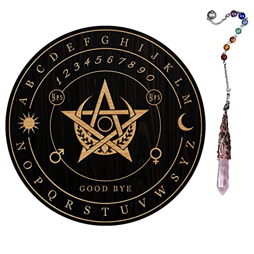 AHANDMAKER Planche de Pendule de sorcière, Métaphysique de Divination Radiesthésie Planche en Bois Sculpté avec Un Cristal Collier Planche à Pendule Ronde kit Fournitures D'Autel, Pentagramme Lune Cover