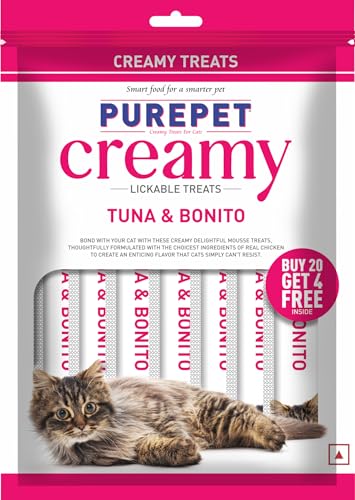 Purepet Creamy Lickable Cat Treats Tuna & Bonito 360Gm(15g x24 Pcs)| Rich In Protein Taurine For Heart & Vision Ideal For Training And Bonding Promotes Hydration| Treats For Kitten And Adult Cats