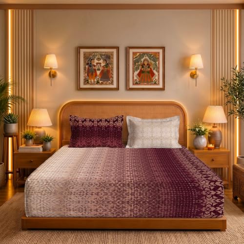 Image of Urban Space Serene 300TC 100% Cotton Bedsheet for Double Bed, Panel Design Bedsheet, Printed Queen Size Bed Sheet with 2 Pillow Covers (90 x 100 Inches, Sun&Sand Wine)