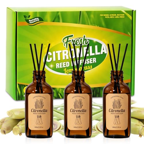 SCENTORINI Reed Diffuser Set Citronella Home Fragrance 3 x 100ml Fresh Room Diffusers with 18 Black Reed Sticks for Patio Garden Room Bathroom & Living Room