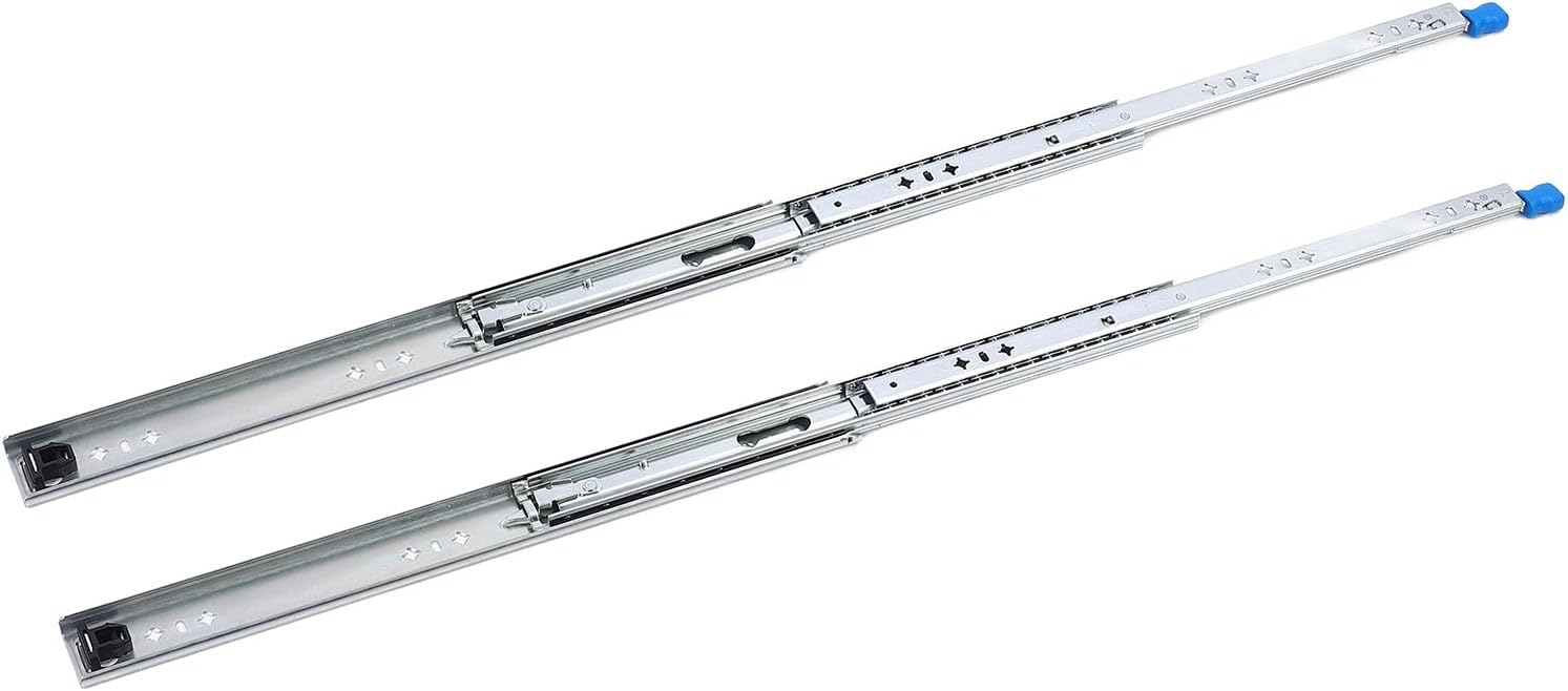 18 Inch Self Locking Drawer Slides, Heavy Duty 3 Sections, 53mm Width, Durable Cold Rolled Steel Full Extension Rails - Smooth Ball Bearing Glide, Removable Side Mount, Ideal for
