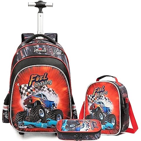 Egchescebo Kids Mountain Bike Rolling Backpack for Boys Suitcases Trolley Backpacks with Wheels Roller Luggage Backpacks Wheels with Lunch Box Pencil Case for Elementary Boys Travel School Bag Blue Cover