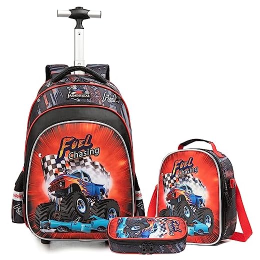 Egchescebo Kids Mountain Bike Rolling Backpack for Boys Suitcases Trolley Backpacks with Wheels Roller Luggage Backpacks Wheels with Lunch Box Pencil Case for Elementary Boys Travel School Bag Blue