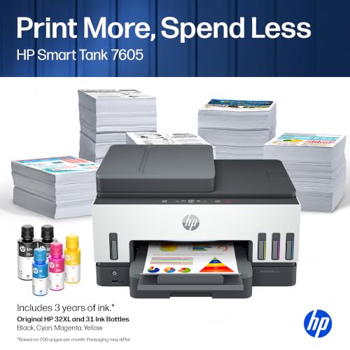 HP Smart Tank 7605, 28C02A, Imprimante Multifonction A4 avec réservoir d’Encre Rechargeable, Impression Couleur, Scanner, Photocopieur, Fax, Wi-FI, Application Smart, Noire et Blanche - 7