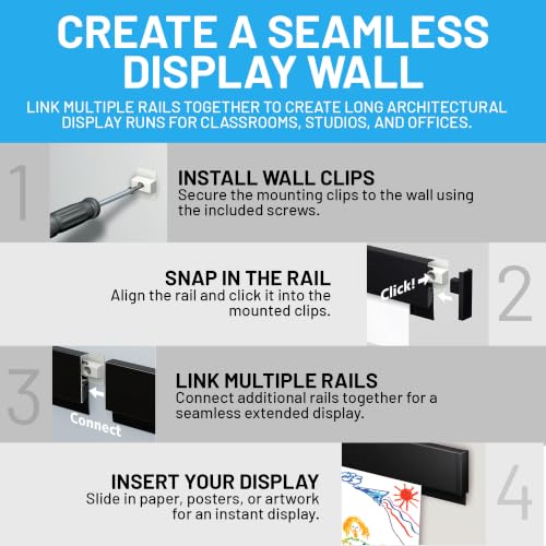 Image of AS Hanging 6ft Paper and Poster Hanger Rail (2x3ft Rails) - Black | Aluminum poster rail with No-Jam grip for paper to 2mm card. Damage-free Click & Connect for home, office & school.