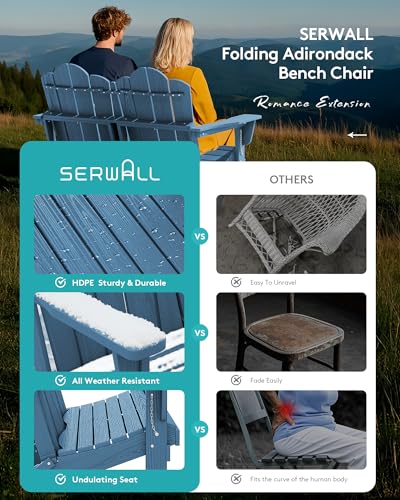 Image of SERWALL Folding Adirondack Bench, HDPE All-Weather, 660lbs Cap, Navy