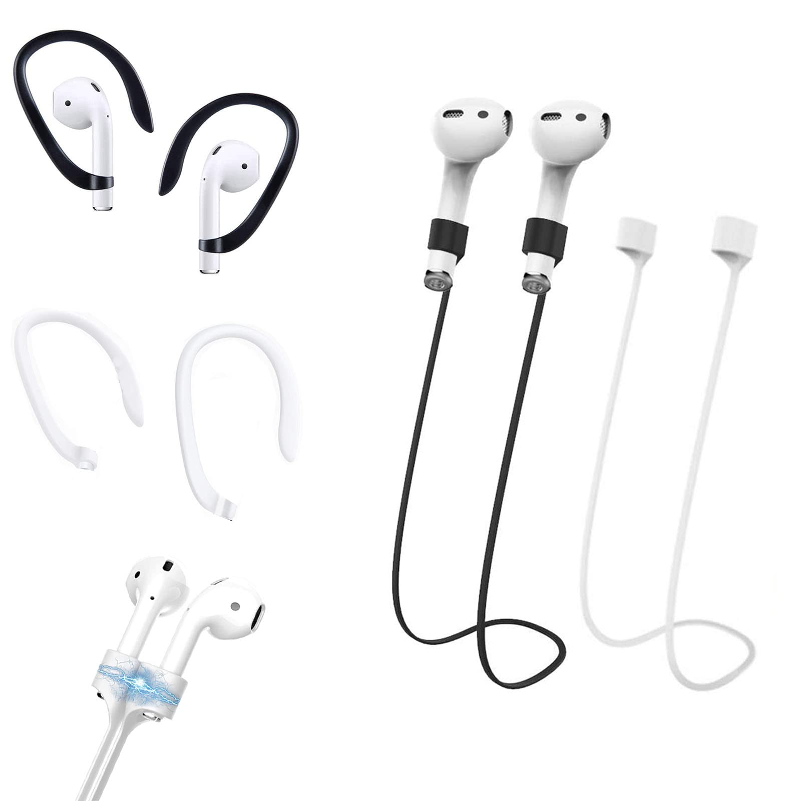[2+2] Upgraded Magnetic Anti-Lost Straps for AirPods 3rd / 2nd Generation / Pro / 1 (2 Pcs) with Soft Ear Hooks(2 Pcs), Neck Rope Cord & Ear Hooks [NOT Original] (Black + White)
