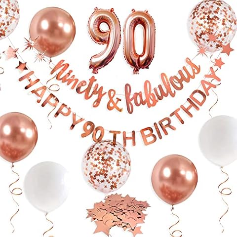 Rose Gold Ninety & Fabulous Happy 90th Birthday Banner Garland Foil Balloon 90 for Womens 90th Birthday Decorations Hanging 90 and Fabulous Cheers to 90 Years Old Birthday Party Supplies Backdrop Cover