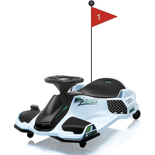 24V Kids Ride on Drift Car for Kids, Electric Drifting Go-Kart Up to 7.5 mph Variable Speed, Built-in Music,Colorful LED Light,USB,Low-Power Alarm (White, 24V)
