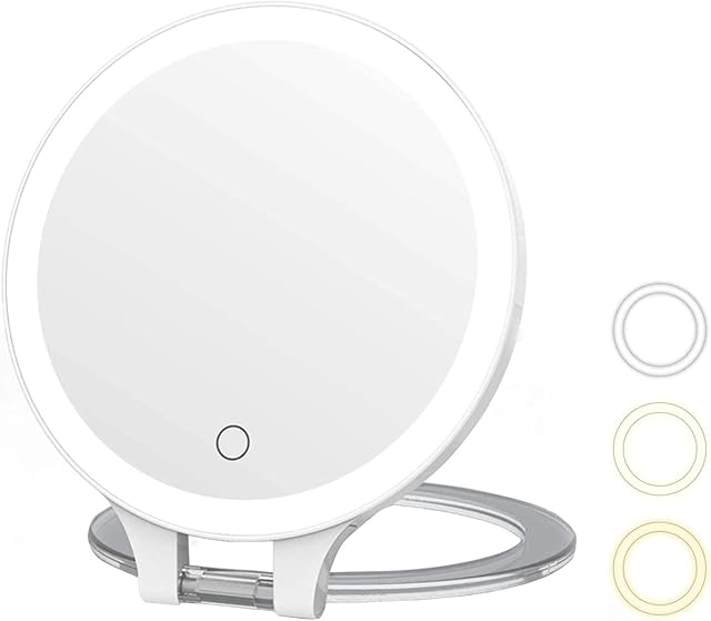 MYIAMO Makeup Mirror with Lights, Double Sided Lighted Magnifying Mirror 10X/ 1X with 3 Color Lighting Modes, Tabletop Mirror with Adjustable Folding Handle for Home or Travel