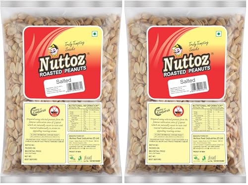 Image of Nuttoz Roasted Peanut Salted 1Kg Vacuum Pack | Horeca Pack | Jumbo Roasted Moongfali | Non Fried Ready to Eat Healthy Snack | Without Skin Whole and Split Peanut (Pack of 2)