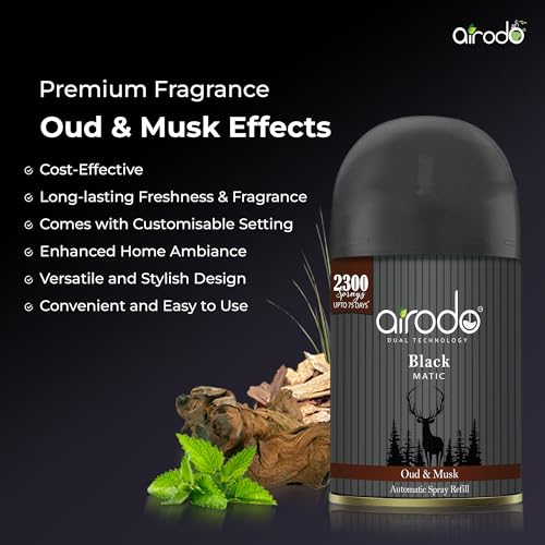 Image of AIRODO Automatic Air Freshener Machine with Refill-(235ml Refill + Machine) Automatic Spray |Oud and Musk |2300 Sprays |3x More Fragrance|Room & Bathroom Automatic Spray (235 ml)