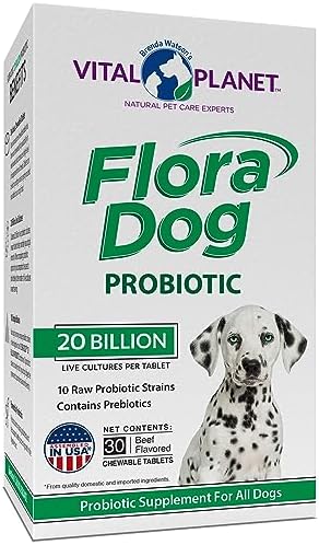 Vital Planet - Flora Dog Chewable Tablets Probiotic Supplement with 20 Billion Cultures and 10 Strains, High Potency Immune and Digestive Support Probiotics for Dogs, 30 Beef Flavored Chewable Tablets