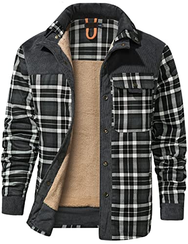 Flygo Men's Sherpa Lined Plaid Flannel Shirt Jacket Snap Button Warm Winter Jacket with Pockets
