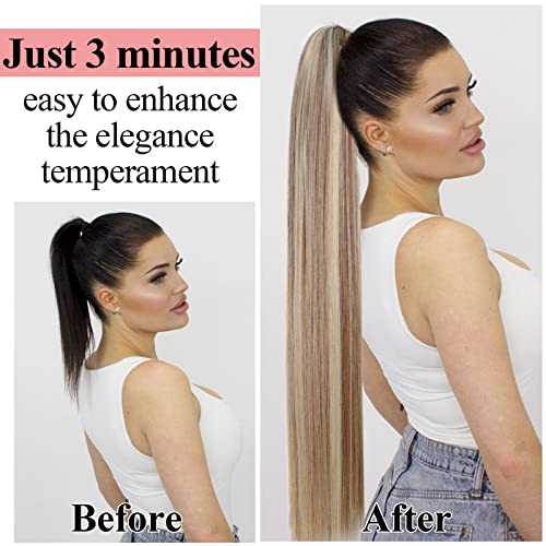 Fashion Icon Long Blonde Ponytail Extensions Drawstring Straight Clip In Hair Extension Ponytail For Women 30Inch Synthetic Hairpiece(#P8/613, Piano Light Brown And Platinum Blonde 6.7Oz) #TOP3