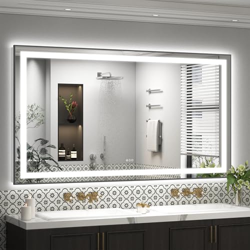 Image of 72x40 LED Lighted Bathroom Mirror for Wall, Black Frame Vanity Mirrors with Lights, 3 Colors, Anti-Fog, Shatterproof, Backlit and Front Lights, Memory, ETL Listed