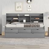 BIADNBZ Multi-Function Twin Captain Bed with Trundle and Storage Drawers,Wooden Daybed Bedframe with Built-in Bookshelves for Kids Teens Dorm Bedroom Guest Room,Light Grey