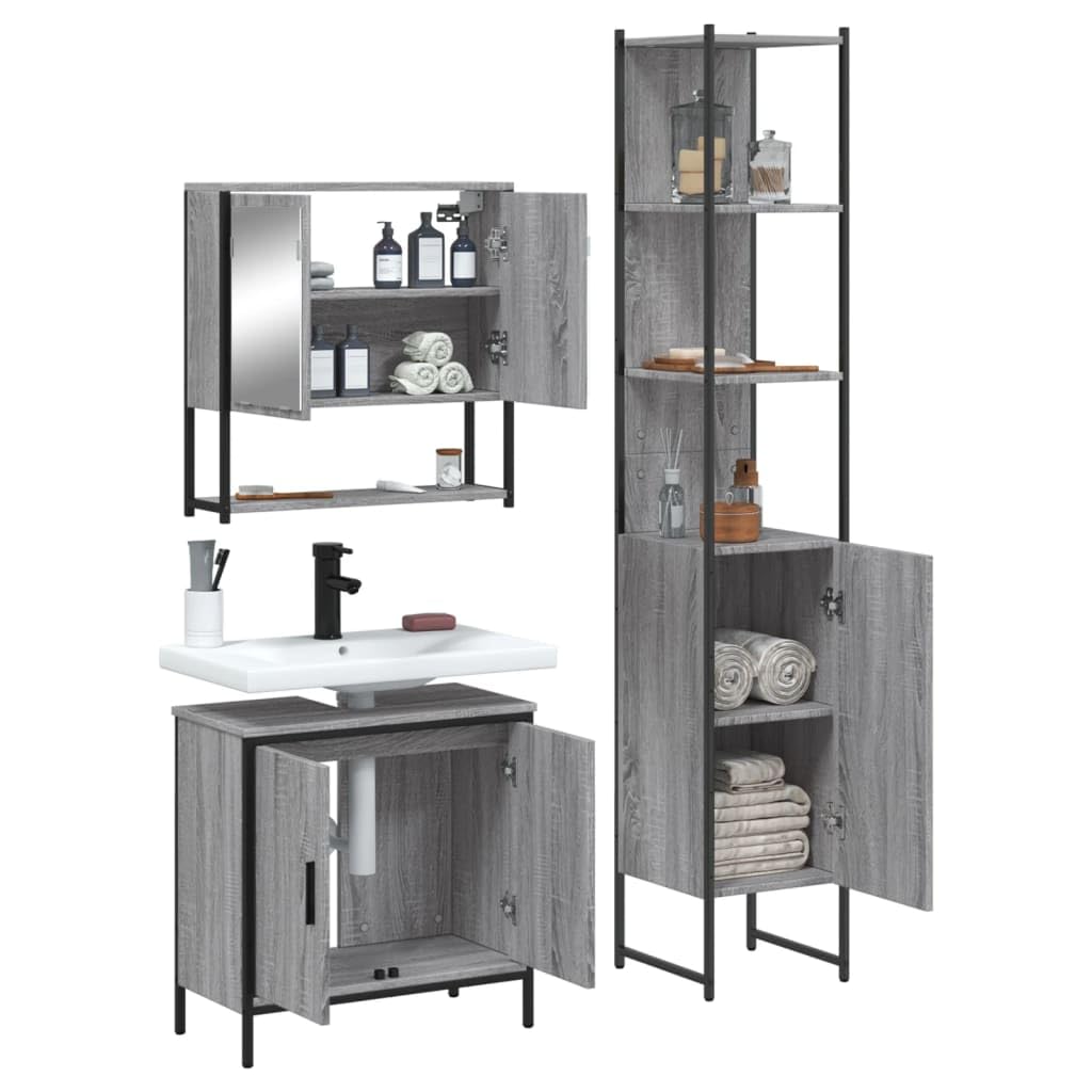 3-TLG. Badmöbel-Set Grau Sonoma Holzwerkstoff mit Spiegelschrank und Waschbeckenunterschrank, viel Stauraum, wandmontierbar, klare Glas-Spiegelfläche für Make-up und Rasur