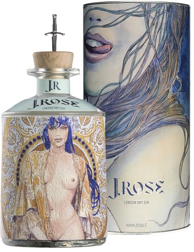 J.Rose con Estuche, Ginebra premium Italiana estilo London Dry, Gin de 9 botánicos. Diseño de Milo Manara de 70 cl, 43% Vol de Alcohol. (JRA02)