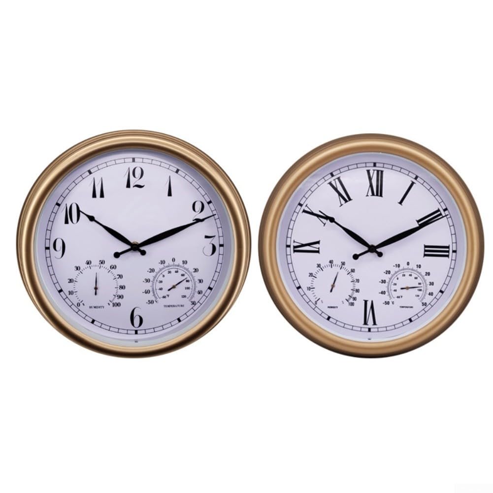 Reloj de pared para exteriores, 15 pulgadas, silencioso, sin tictac, con temperatura y humedad, termómetro de jardín impermeable, higrómetro, funciona con pilas (A)