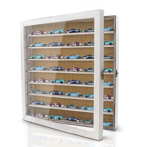 Image of Large Display Case for 1 /64 Scale Model Cars, Wall-Mounted or Freestanding Wood Display Cabinet for Hot Wheels, Rocks, Challenge Coins, Mini Toys, Minifigures, UV Protection Shadow Box, Vintage White
