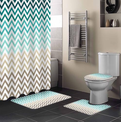 Turquoise Brown Bathroom Set with Shower Curtain and Rug Accessories - 36x72 Inches Long Gradient Geometric Stripes Chevron Wave Stall Curtain Waterproof with Large Bath Mat,Washable Runner Rug Set
