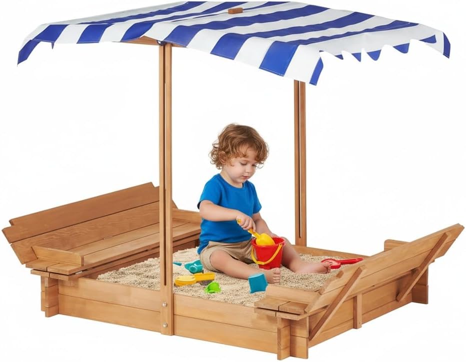 46'' Wooden Sandbox with Lid, Large Sandbox with Cover and 2 Foldable Bench Seats, Outdoor Sandpit with Adjustable Cover for Kids, Backyard, Sand Box