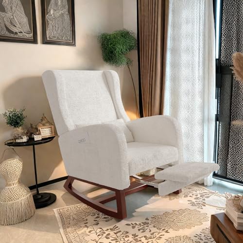 Mecedora con reposabrazos y bolsillos laterales, silla de lactancia ergonómica con cojines, estructura de madera maciza, tumbona para salón o dormitorio (blanco roto + terciopelo Teddy)