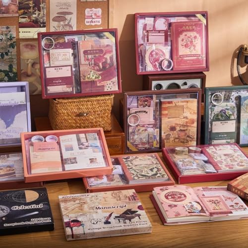 Image of VOTDOT Paper Junk Journal & Scrapbook Kit, Scrapbooking Supplies Kit with Creative Decor Journaling Supplies, Stationery, Stickers, A6 Grid Notebook with Graph Ruled Page Gift for Girl (Rose Scrapbook)