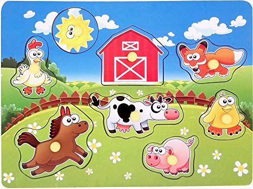 Wooden Peg Puzzle, Farm Chunky Baby Puzzles, Full-Color Pictures Wood Shape Puzzle Peg Board, Animal Knob Puzzle For Educational Toddlers 18Months And Up, 8 Pieces #TOP3