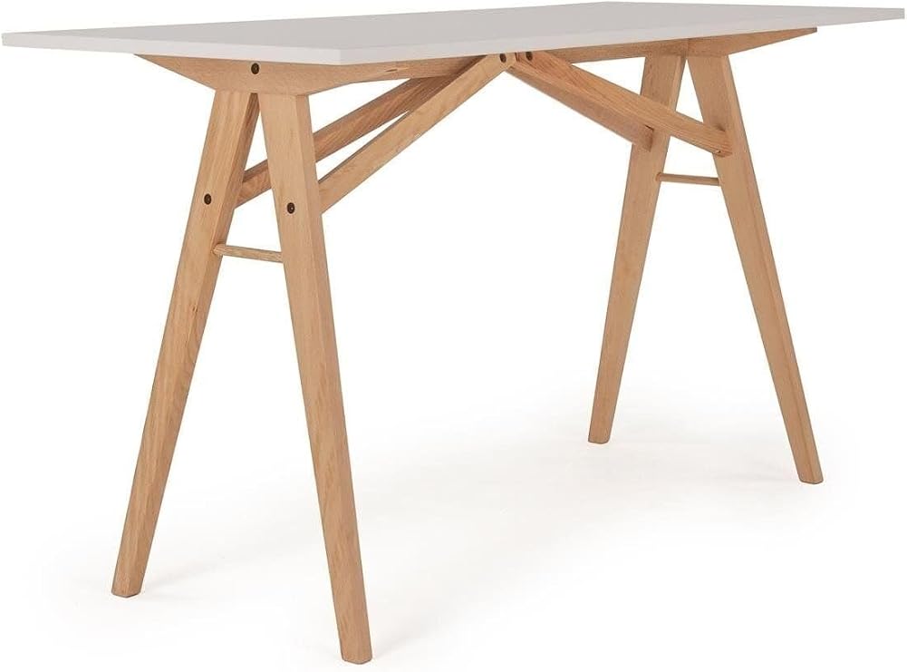 Acrobat Beech Solid Wood Leg White Desk - 130x57 cm, Scandinavian Style, Modern Design, For Office and Home Use