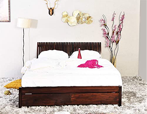 Image of Sheesham Wood Queen Size Bed with Storage for Bedroom Living Room Home Hotel Wooden Double Bed Cot Palang Furniture (Dark Brown Finish)| 1 Year Warranty