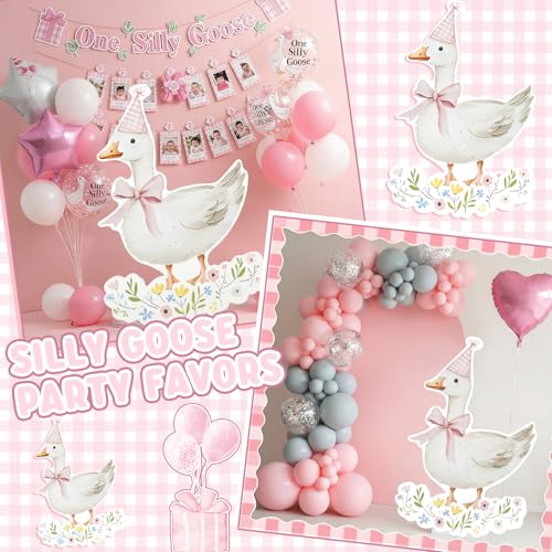 Image of Croblissful One Silly Goose Party Decorations 1st Birthday Backdrop Duck Animal Background Prop for Birthday Baby Shower Party Supplies(Pink Gingham,Goose)