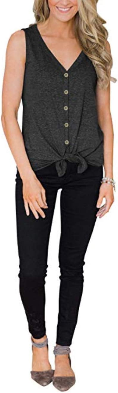 Barlver Women Tie Knot Button Down Shirts Summer Henley Tank Tops Casual Sleeveless Blouse Cotton Tunics Tops - Image 2