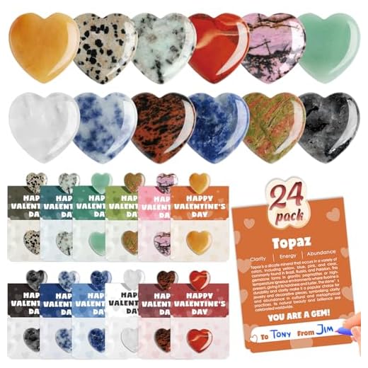 Valentines Day Gem Gifts for Kids - 24 Pack Prefilled Valentine's Day Cards with Heart-shaped Gemstone for School Classroom Class Party Favor, Valentine Rock Crystal Gift Exchange for Boys Girls