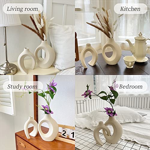 Goldtimo White Ceramic Vase For Decor, Modern Home Décor Vase Set Of 2, Circle Matte Hollow Donut Pampas Flower Vases Nordic Boho Ins Style For Wedding Dinner Table Living Room Office Bedroom Décor #TOP5