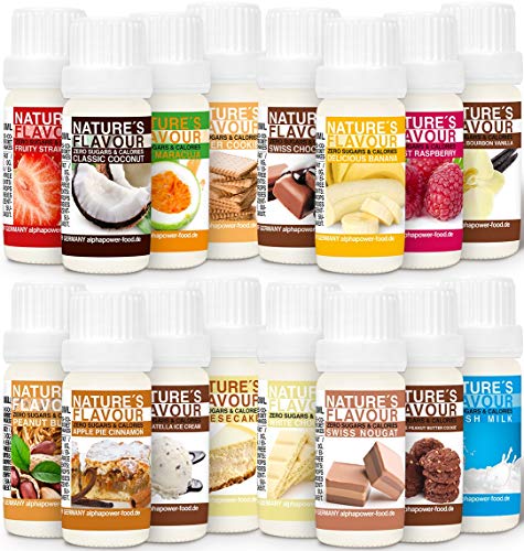 ALPHAPOWER FOOD Aromas alimentarios por repostería y bebidas I Súper pack ahorro 16x10ml, Vegano, 100% naturales con Sabor Premium I saborizante sin azucar - Flavdrops, Flavor Drops liquida Cover