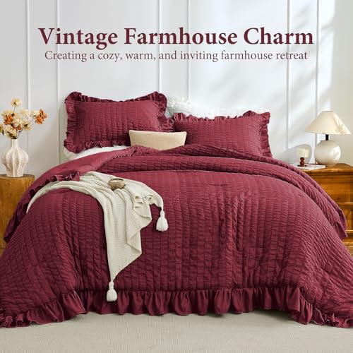 Image of JOLLYVOGUE King Size Comforter Set, 3 Pieces Burgundy Seersucker Comforters King Size, Lightweight & Fluffy Bedding Sets King for All Season with 1 Ruffle Comforter and 2 Ruffle Pillowshams
