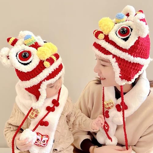 Oriental Christmas Hat, Chinese Hip-Hop New Year’s Lion Dance Hat, Handmade Knitted Warm Parent-Child Hat2