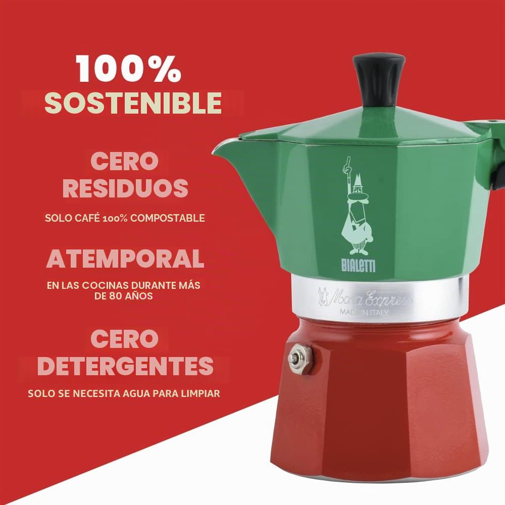 Bialetti - Moka Express Italian Collection: Icónica Cafetera Italiana para Espresso, Auténtico Café Italiano, 3 Tazas (130 ml), Aluminio, Color Verde/Rojo
