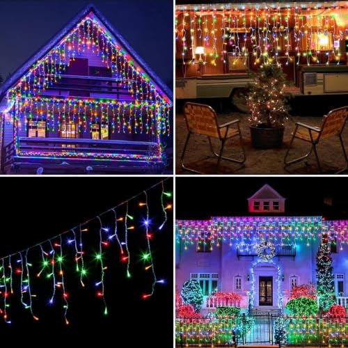 Image of ZALAR Icicle Diwali Lights Outdoor 11 ft 96 LED with 16 Drops String Lights with 8 Lighting Modes for Diwali, Christmas, Wedding, Birthday, Ganesh Puja, Balcony & Home Decoration (Multi-Color)