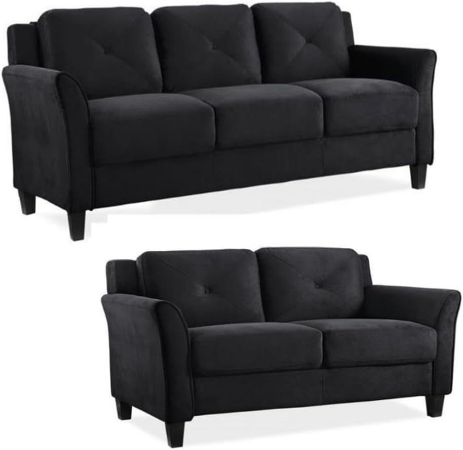 Home Square 2-Piece Polyester Microfiber Fabric Upholstered Sofa Set with 78" W Sofa & 56" W Loveseat, Curved Arms, Sturdy Wood Frame & Legs, Tufted Back Cushions, in Black Finish