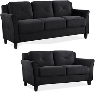 Home Square 2-Piece Polyester Microfiber Fabric Upholstered Sofa Set with 78" W Sofa & 56" W Loveseat, Curved Arms, Sturdy Wood Frame & Legs, Tufted Back Cushions, in Black Finish